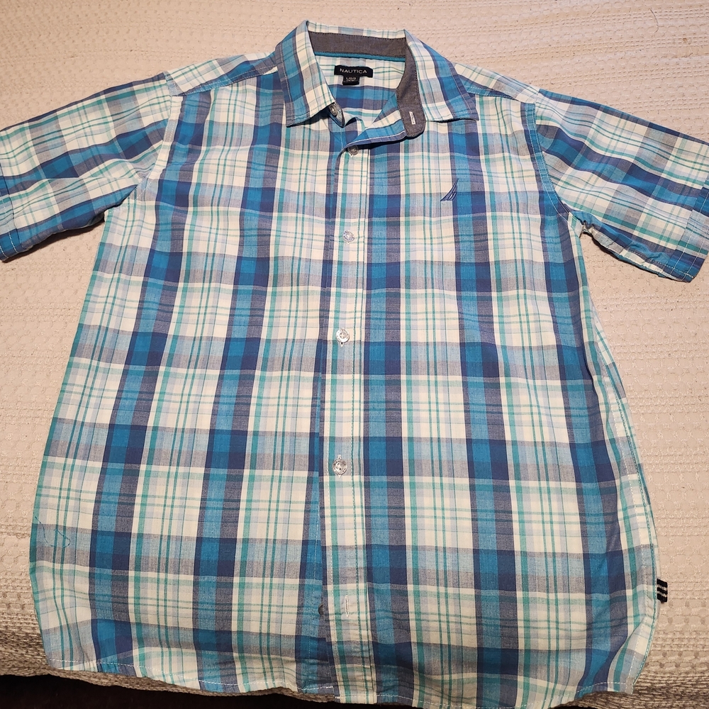Nautica Men's Teal and White Plaid Shirt